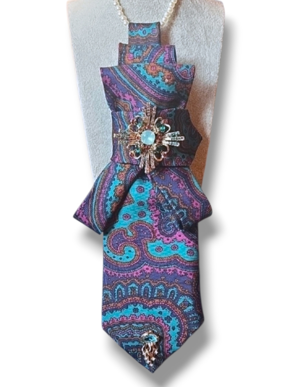 3/$60 Paisley Teal and Purple Statement Folded Cravat With Brooch